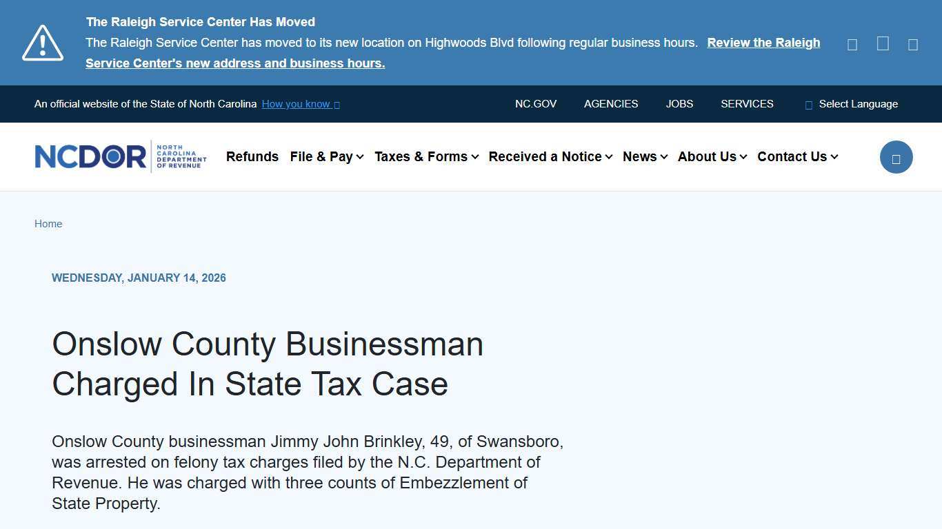Onslow County Businessman Charged In State Tax Case | NCDOR